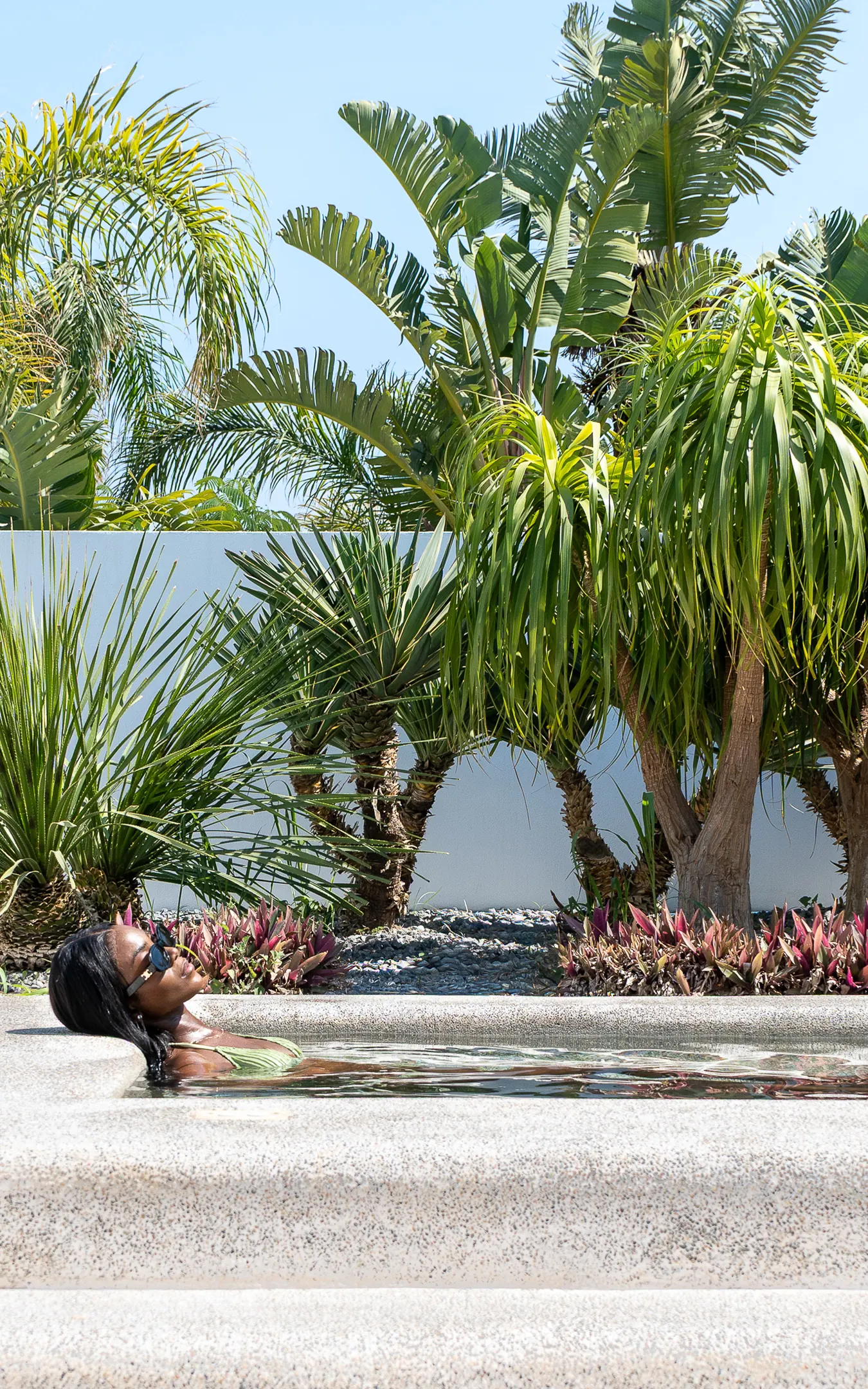 Woman relaxing in a pool framed by palms and tropical planting against a white wall
